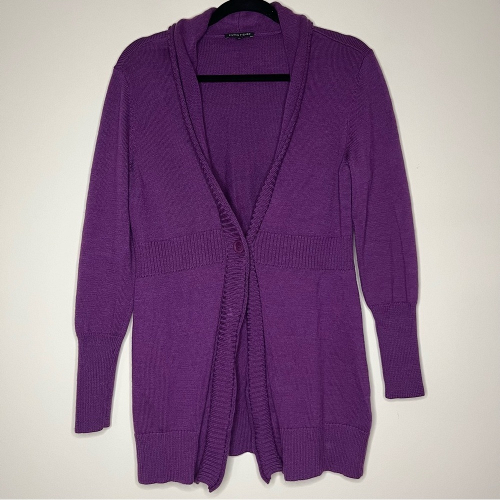 Eileen Fisher 100% Merino Wool Cozy Knit Purple Shawl Collar Longsleeve Cardigan
